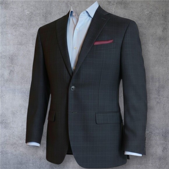JOS A BANK Men’s Blazer Sport Coat Two Button Suit Jacket 42L Gray Wool Plaid